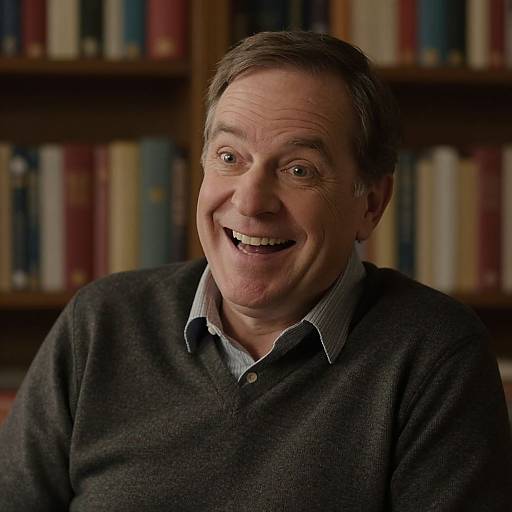 Photograph of middle-aged man with short brown hair, smiling broadly, wearing a dark gray polo shirt, standing in front of a bookshelf with colorful