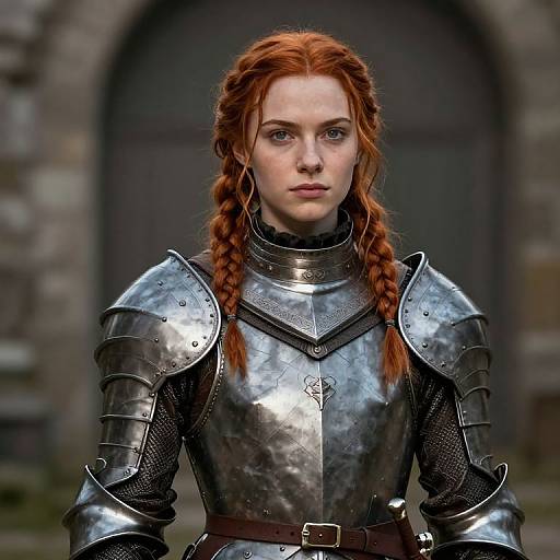Photorealistic CGI of a red-haired woman in medieval silver armor with braided hair, standing in front of a stone archway.