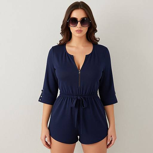 Photograph of a woman with long brown hair, wearing black sunglasses, a dark blue zippered romper, and standing against a plain white background.