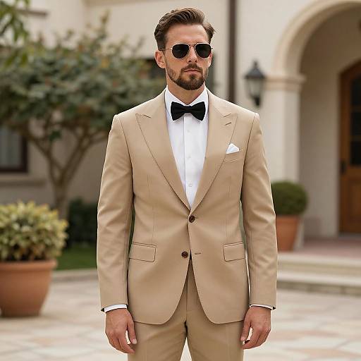 Photograph of a handsome man with a beard, dark hair, wearing sunglasses, a beige suit, black bow tie, and white shirt, standing in
