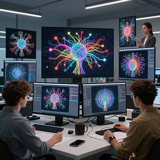 Photograph of two men at a white desk, working on multiple computer monitors displaying colorful, abstract digital art resembling cosmic explosions, with a woman standing behind