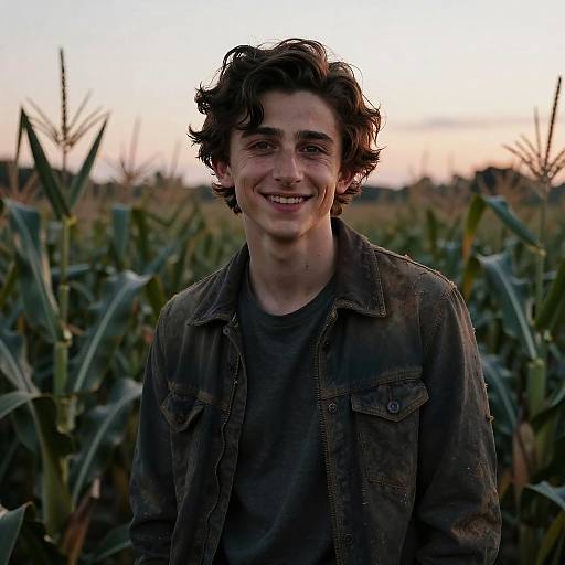 Photograph of a smiling young man with curly brown hair, wearing a brown jacket and dark shirt, standing in a sunlit cornfield at sunset.