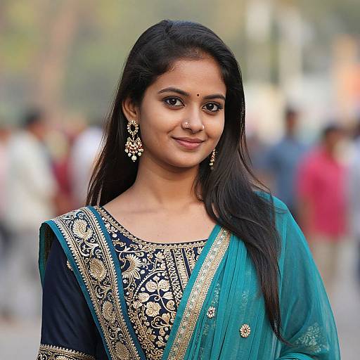 Photograph of a smiling Indian woman with long black hair, wearing a teal and gold embroidered traditional saree, large floral earrings, and a nose ring