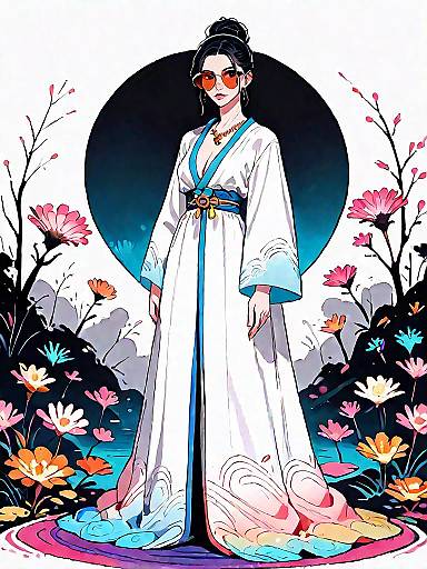 Elegant Woman in Kimono with Floral Background