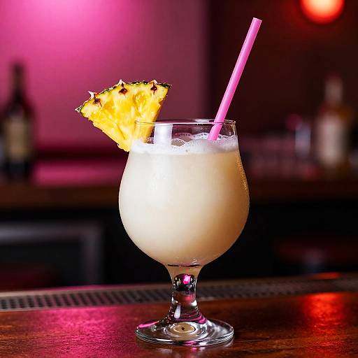 Photograph of a tropical cocktail with a pineapple wedge, pink straw, and ice in a clear glass, set on a bar counter with a pink and