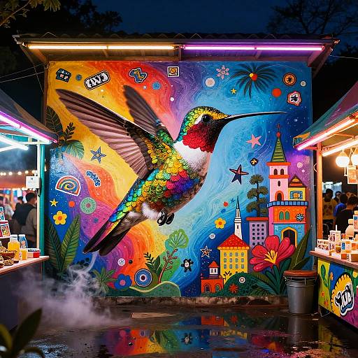 Vivid Neon Hummingbird Mural
