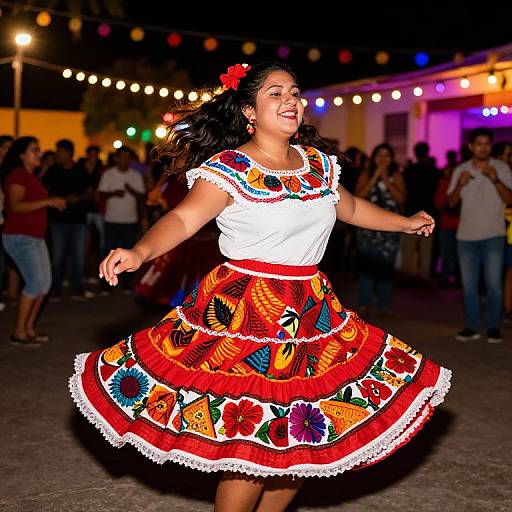 Photograph of a smiling Latina woman in traditional Mexican dress, dancing at a nighttime outdoor festival with colorful string lights in the background.