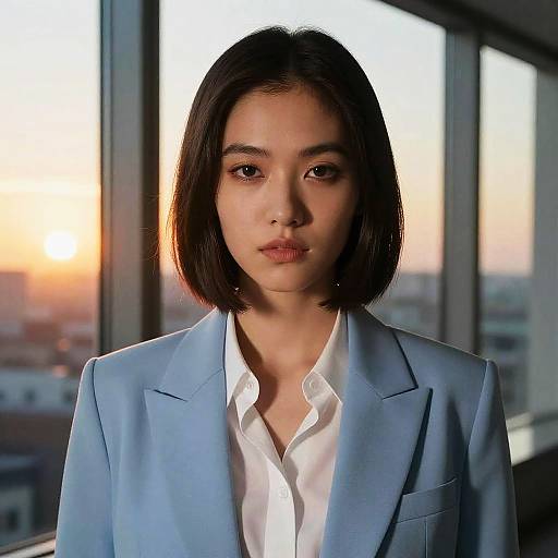 Photograph of an East Asian woman with straight black bob haircut, wearing a light blue blazer and white shirt, standing in front of a sunset-l
