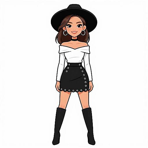 Digital drawing of a confident young woman with dark brown hair, wearing a black hat, white off-shoulder top, black skirt, knee-high boots