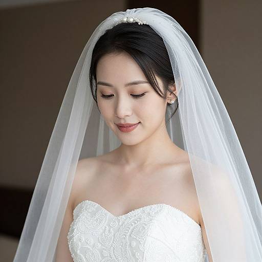 Photograph of a beautiful Asian bride with fair skin, black hair, and closed eyes, wearing a white lace strapless wedding dress and a long,