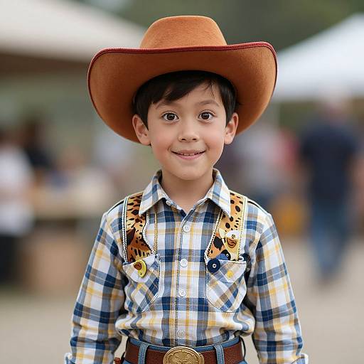 Photograph of a cute young boy with fair skin, dark brown eyes, and short black hair, wearing a brown cowboy hat, plaid shirt,