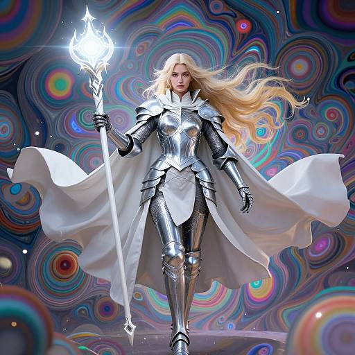 Digitally rendered fantasy warrior woman with long blonde hair, silver armor, white cape, holding a glowing trident, against a vibrant, swirling, rainbow