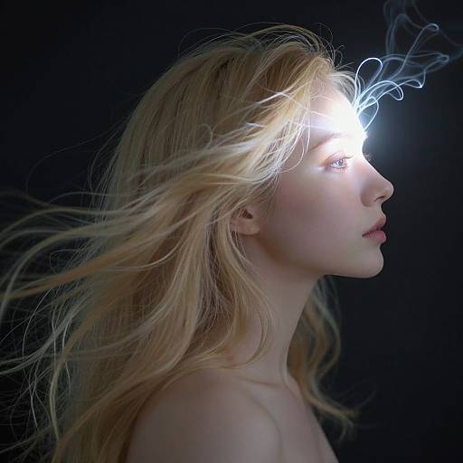 Photograph of a blonde woman with long, flowing hair, illuminated by a glowing, ethereal light above her forehead, against a dark background.