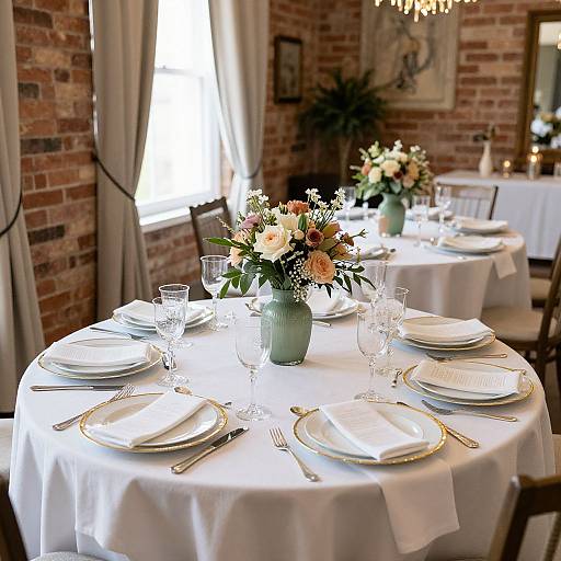 Photograph of a round dining table with white cloth, green vase floral centerpiece, gold-rimmed plates, crystal glasses, set for four, in