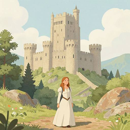 Digital illustration of a young woman with long brown hair in a white dress standing in a grassy path before a tall, castle-like stone fortress with towers