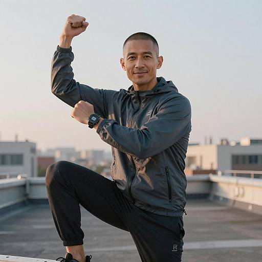 Photograph of a smiling, fit Asian man with a buzz cut, flexing his right arm on a rooftop, wearing a black athletic jacket and pants