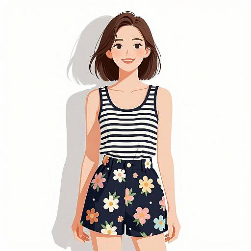 Digital illustration of a smiling Asian woman with short brown hair, wearing a striped tank top and floral shorts, standing against a white background.