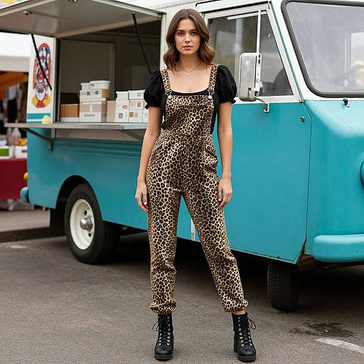 Photograph of a woman with wavy brown hair, wearing a leopard-print jumpsuit and black boots, standing in front of a blue vintage food truck