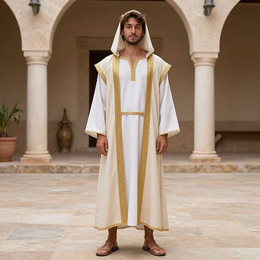 Photograph of a bearded man with dark hair wearing a white traditional Arab robe with gold trim, standing in a courtyard with arches and a p