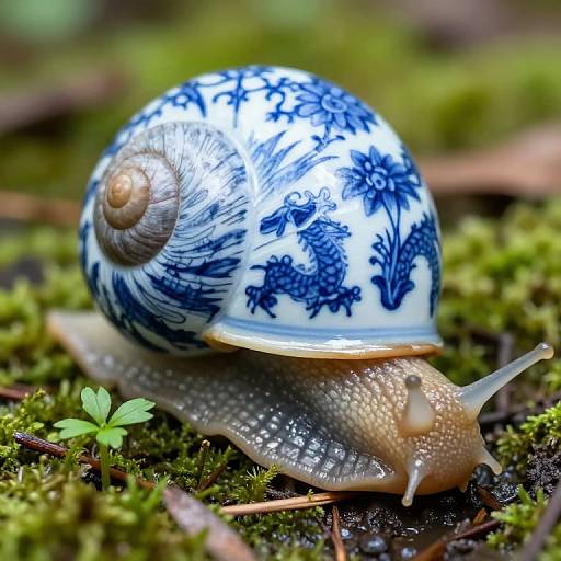 Photograph of a blue and white porcelain snail with detailed floral patterns, crawling on green mossy ground in a forest.