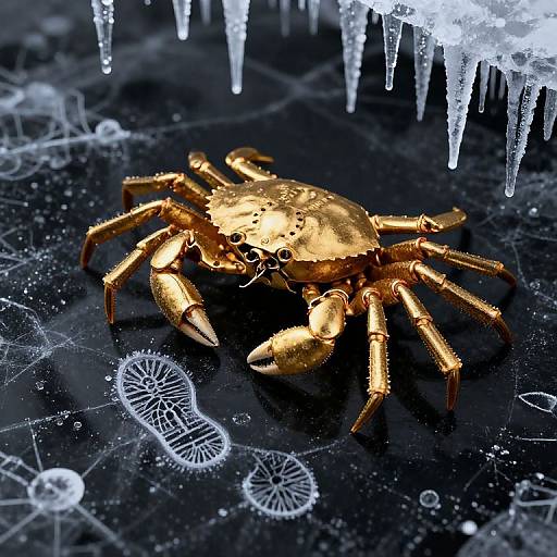 Photograph of a shiny gold crab on a black, icy surface with icicles, frost patterns, and delicate ice crystals.