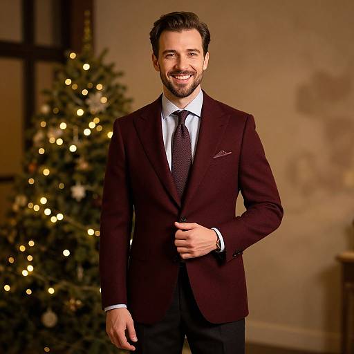 Photograph of a smiling man with short dark hair and beard, wearing a dark brown suit, white shirt, and black tie, standing in front of