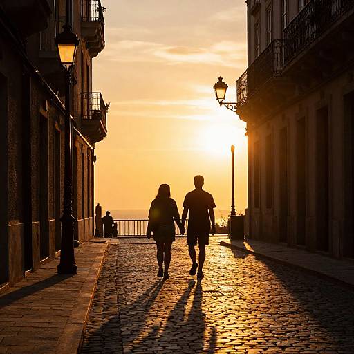 Silhouetted couple walking hand-in-hand down a cobblestone street at sunset, with warm golden light and shadowed buildings on both sides.