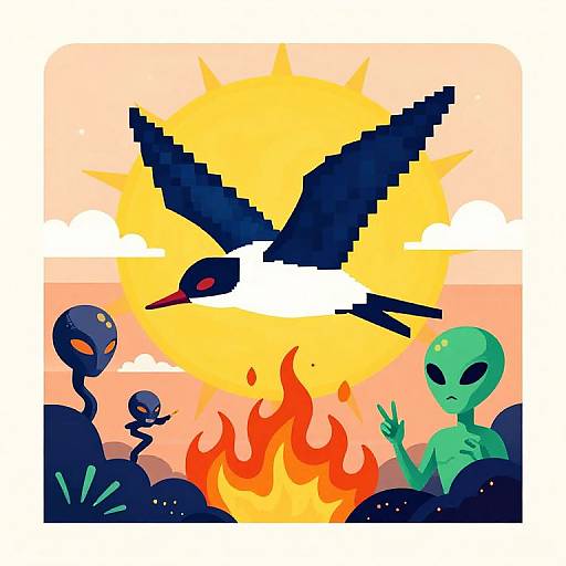 Digital illustration of a black crow with a red beak flying over a vibrant sunset, with three alien-like creatures observing a fiery blaze below.