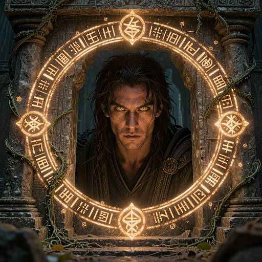 Dark-haired man with glowing yellow eyes framed by a circular, neon runes border, peering through a stone window, surrounded by vines. Digital artwork,