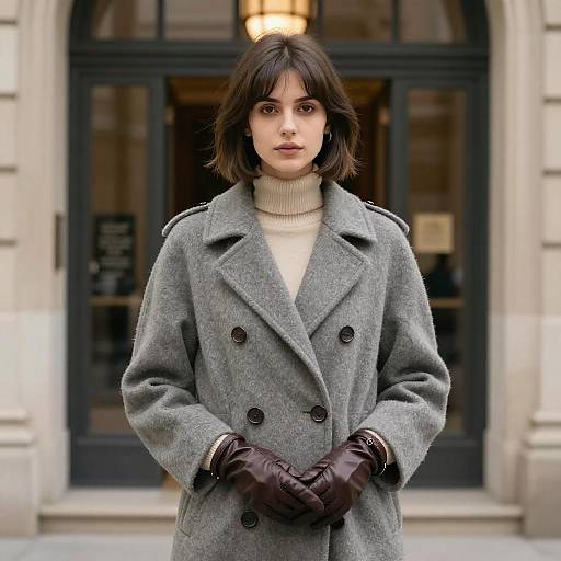 Photograph of a serious young woman with short dark hair, wearing a gray double-breasted coat, brown gloves, and beige turtleneck, standing
