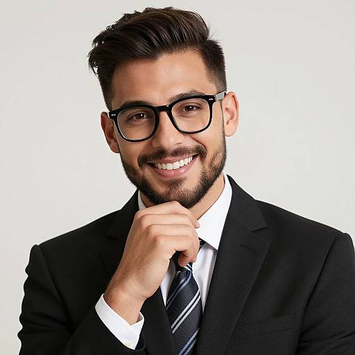Photograph of a smiling, dark-haired man with a beard, black-rimmed glasses, wearing a black suit, white shirt, and striped tie