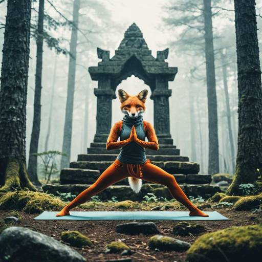 Fox in Warrior II Yoga Pose in Misty Forest