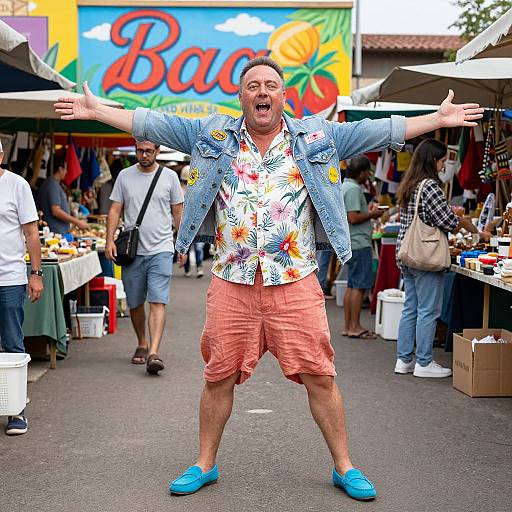 Photograph of a middle-aged man with a joyful expression, arms outstretched, wearing a colorful floral shirt, light blue jacket, pink shorts,