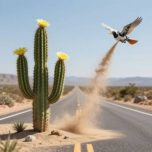 Photograph of a cactus with yellow flowers on a desert road, with a quail bird mid-flight, kicking up dust.