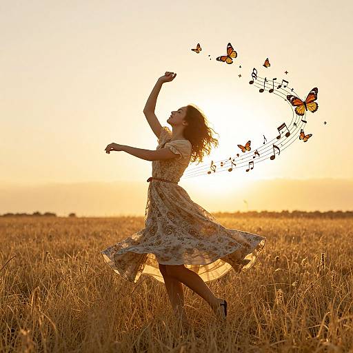 Photograph: Silhouetted woman in flowing dress dancing in golden field at sunset, surrounded by floating butterflies and musical notes.