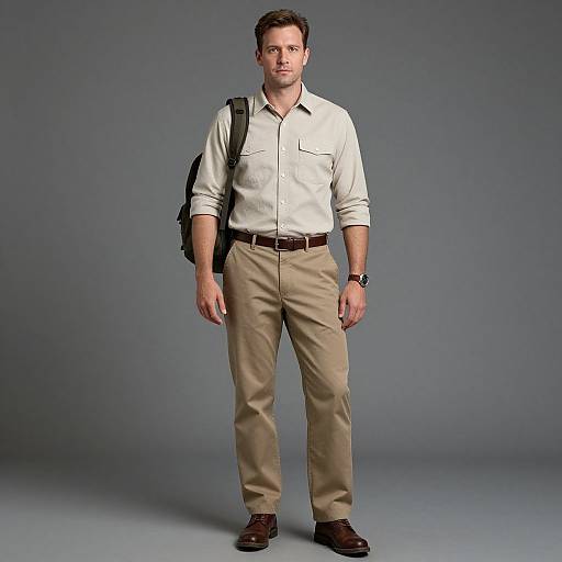 Man in Beige Shirt with Backpack