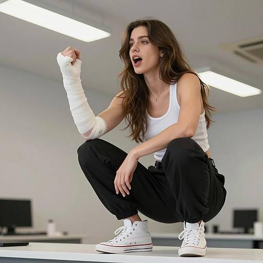 Woman Squatting with Bandaged Arm in Casual Wear