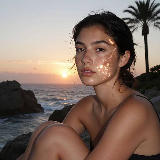 Photograph of a young woman with sunlit freckles, dark hair, and a black strap top, sitting on rocky shore at sunset with a