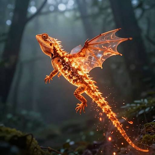 Photograph of a glowing, fiery dragon-like creature with orange scales, translucent wings, and sparks, flying through a misty, dark forest.