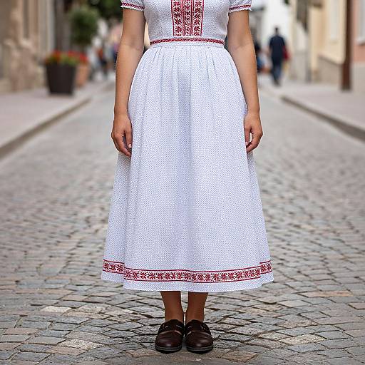 Photograph of a woman in a white, embroidered dress with red patterns, standing on a cobblestone street, wearing brown shoes.