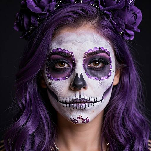 Photograph of a woman with white face paint, purple eye shadow, and black skeleton makeup, adorned with purple flowers in her dark purple hair, against