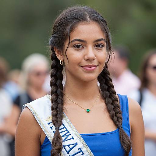 Photograph of a young Latina woman with dark hair in twin braids, wearing a blue dress, white sash reading 