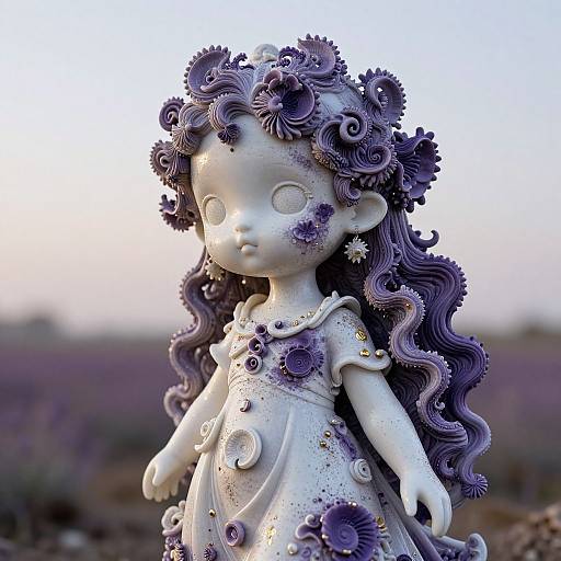 Photograph of a detailed, white porcelain doll with purple, wavy hair adorned with flower-like embellishments, wearing a matching floral dress, set against