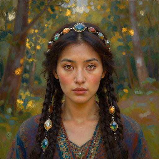 Digital painting of a young woman with dark braids, adorned with a jeweled headpiece, in a forest with warm, glowing lights.