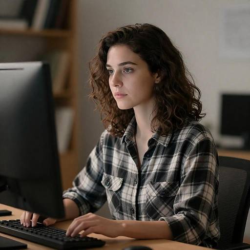 Focused Woman at Desk with Keyboard