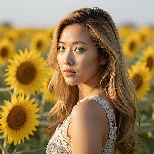 Photograph of a blonde woman with green eyes, wearing a white lace sleeveless top, standing in a sunlit sunflower field.