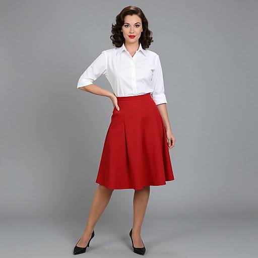 Photograph of a smiling woman with dark, wavy hair wearing a white blouse, red skirt, and black heels against a gray background.