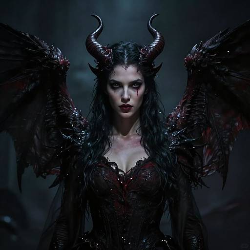 Photograph of a dark, demonic woman with black, wavy hair, red eyes, black horns, and large, feathered wings, wearing a