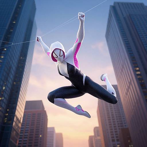 CGI image of Spider-Man in black and white suit, with pink accents, swinging between tall skyscrapers at sunset in a cityscape.