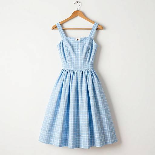 Photograph of a light blue and white plaid sleeveless dress with a gathered waist, hanging on a wooden hanger against a white background.